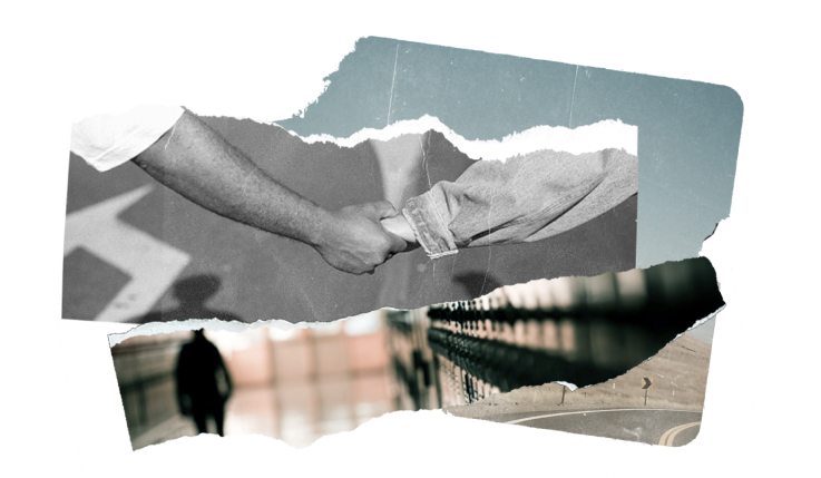 Ripped paper collage of a black and white image of two arms holding hands, a silhouette of someone walking down a school hallway, and a highway in the desert collaged over red blocks.