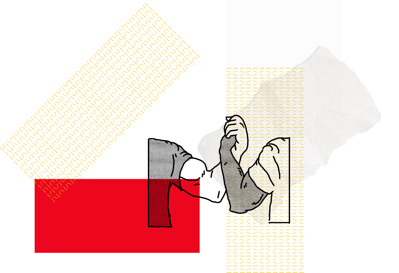 Illustration with two arms wrapped together holding hands on top of a collaged elements including a red block and yellow textured lines and ripped paper.