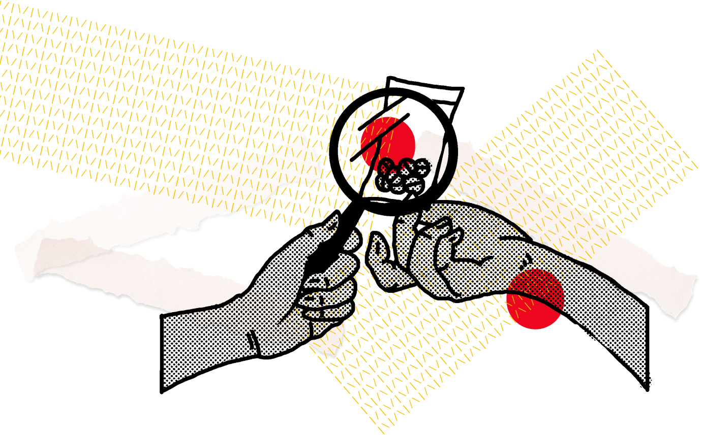 Black and white illustration of two hands holding a magnifying glass over a bag of an unidentified substance with red dots collaged over it on top of yellow textured lines and ripped paper.