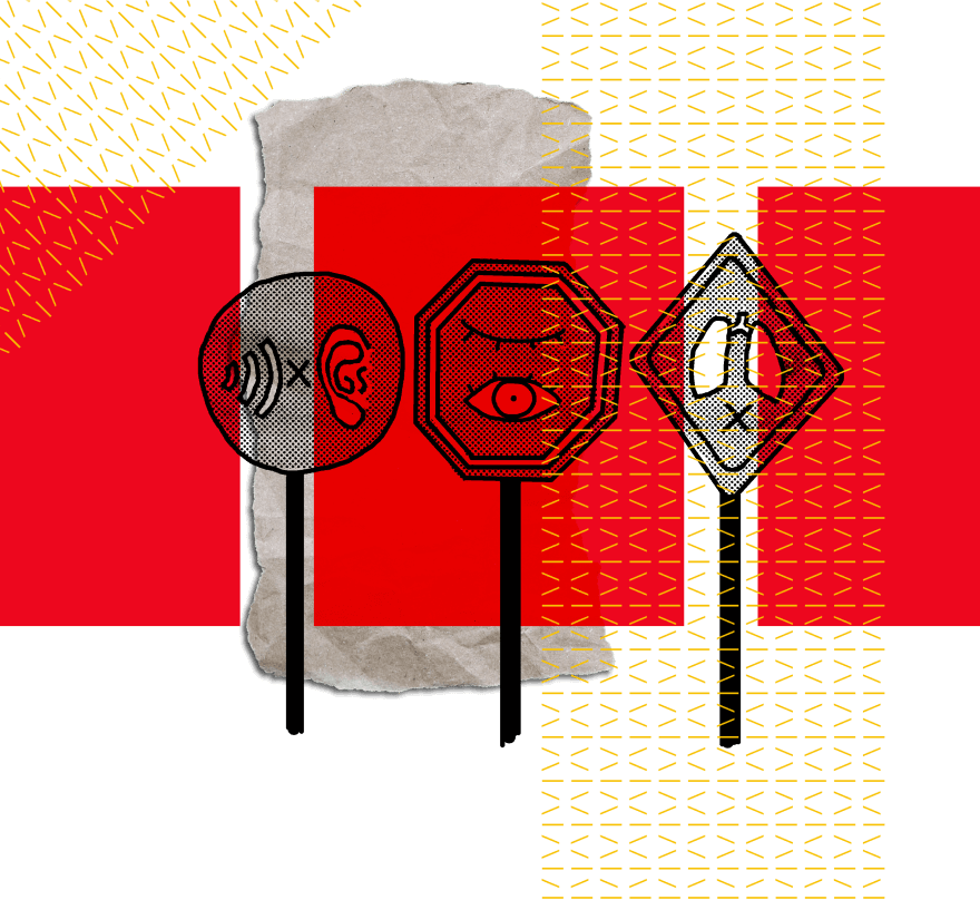 Illustration of three traffic signs with drawings of an ear, eye, and lung collaged on top of red blocks, yellow textured lines, and ripped paper.