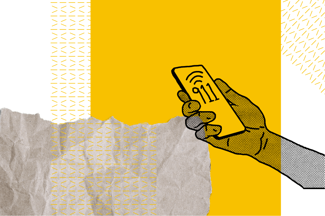 Illustration of a hand holding a phone calling 911 collaged on top of a yellow block, yellow textured lines, and ripped paper